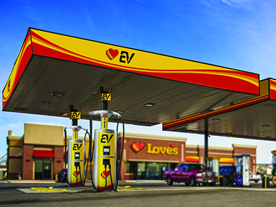 A rendering of EV fast chargers at a Love's Travel Stop