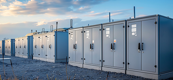 A row of energy storage cabinets on the ground, outdoors, with blue skies and white clouds in the background